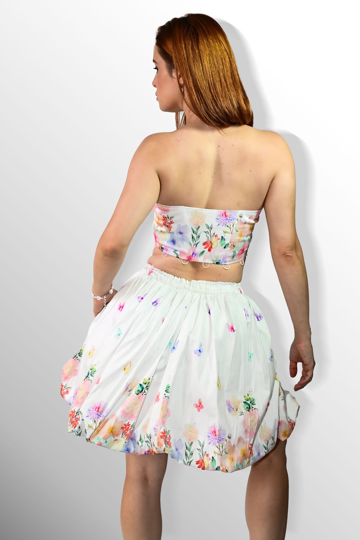 White printed corset and balloon skirt