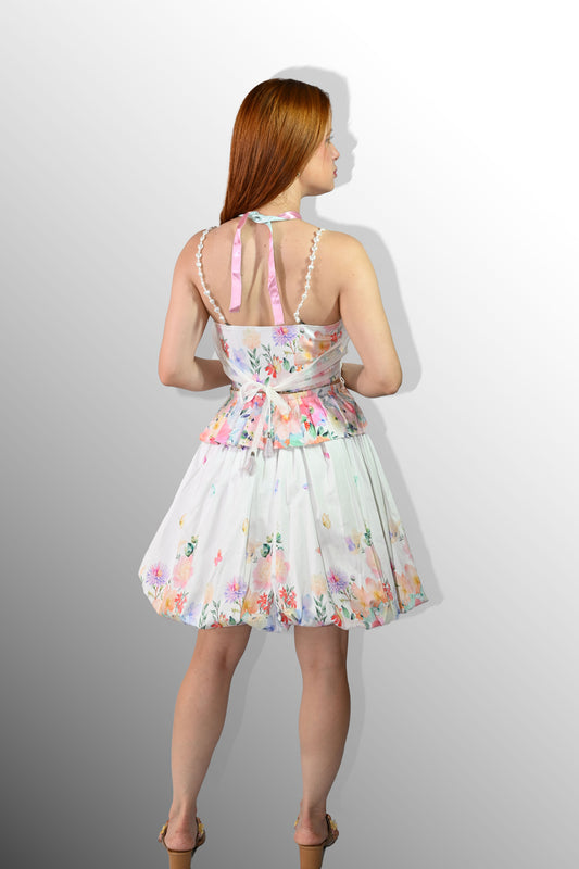 White printed corset and balloon skirt