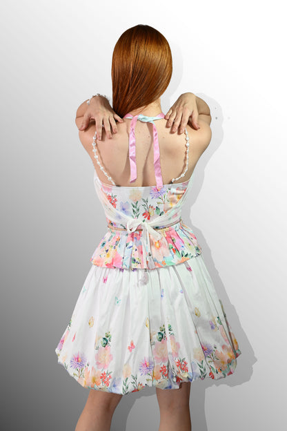 White printed corset and balloon skirt