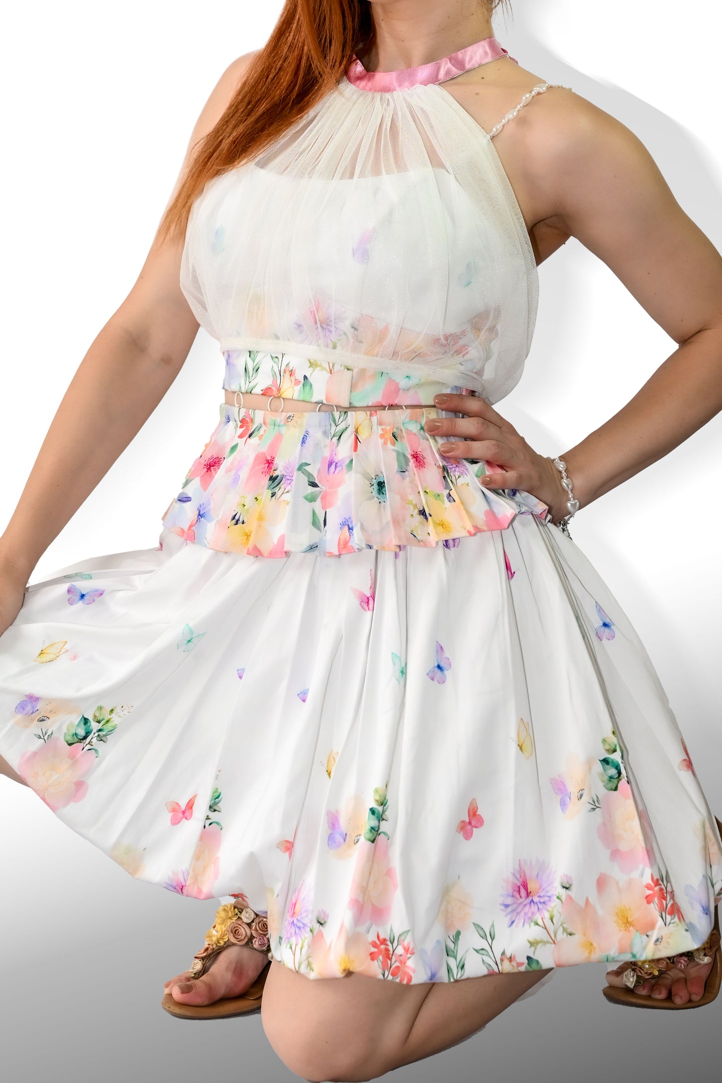 White printed corset and balloon skirt