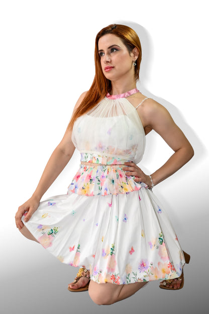 White printed corset and balloon skirt