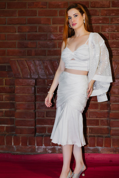 3 Pcs Ruched Top and Skirt with Jacket