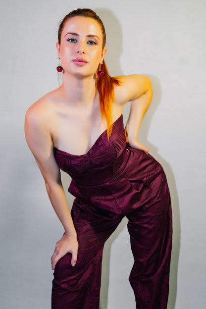 Off-shoulder Burgundy Jumpsuit