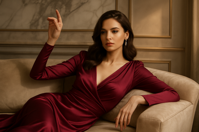 lady in pink wine dress laying down on sofa with one hand up. (Like a photoshoot). Add elegant background